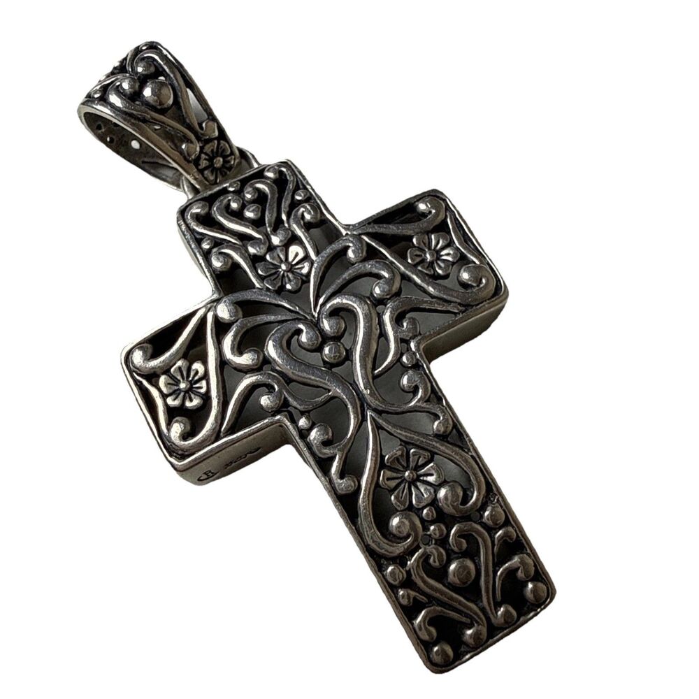 Carolyn Pollack Sterling Silver 925 Floral Heart Filigree Scroll Cross Pendant